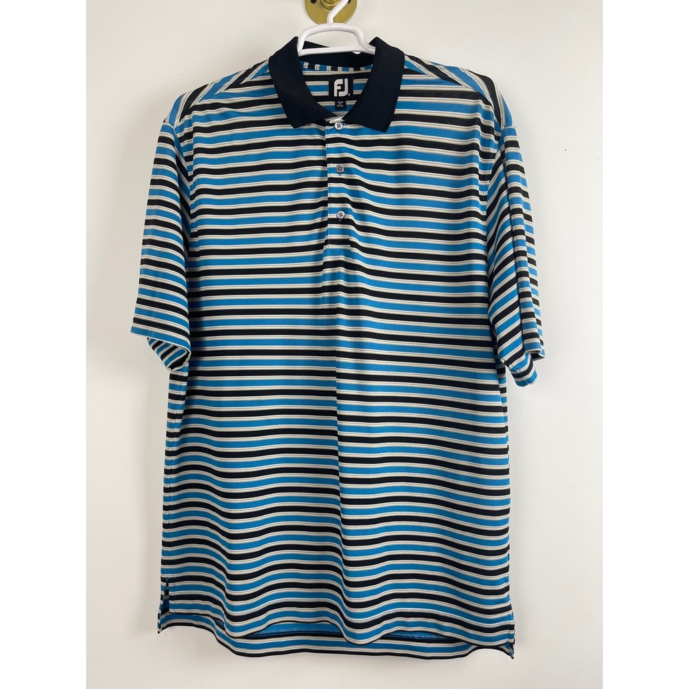 00645 Footjoy FJ Mens XL Golf Polo Shirt Blue Black White Stripe Performance SS